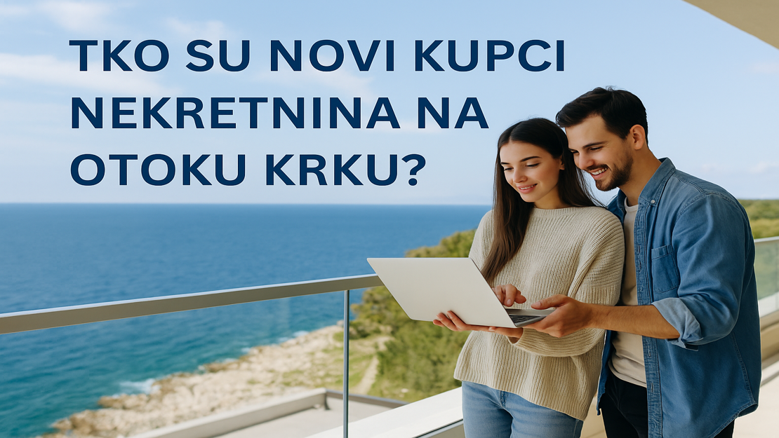 Giovane coppia con laptop su una terrazza vista mare – nuovi acquirenti immobiliari a Krk