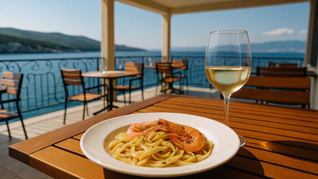 Pasta ai frutti di mare e bicchiere di vino bianco su terrazza con vista mare, isola di Krk